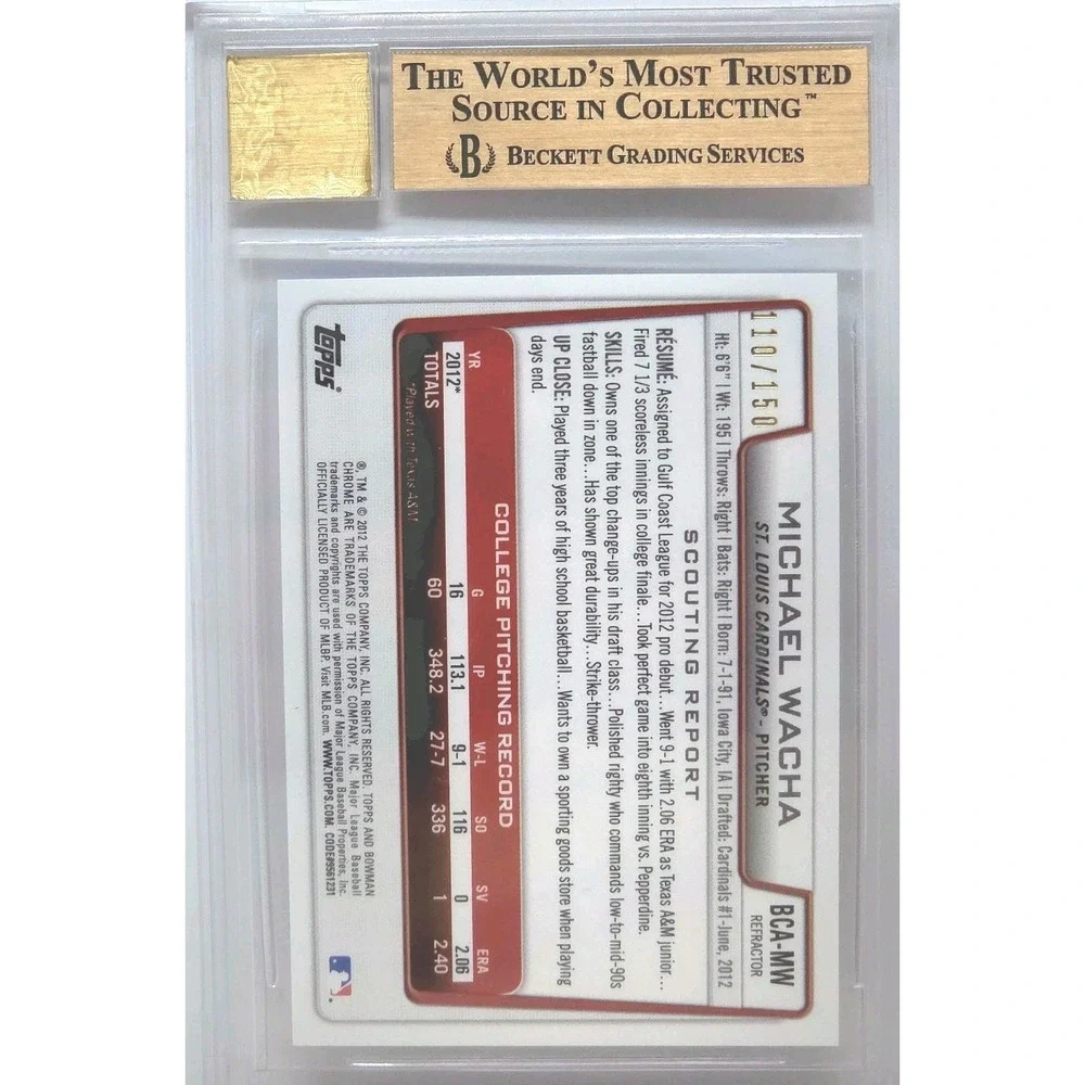 2012 Bowman Chrome Draft Picks - Michael Wacha Blue Refractor #/150 Auto BGS 9.5
